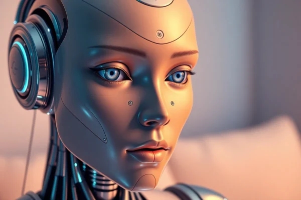 Intricate humanoid sex bot with advanced AI features, set in a warm, ambient room, showcasing modern intimacy.