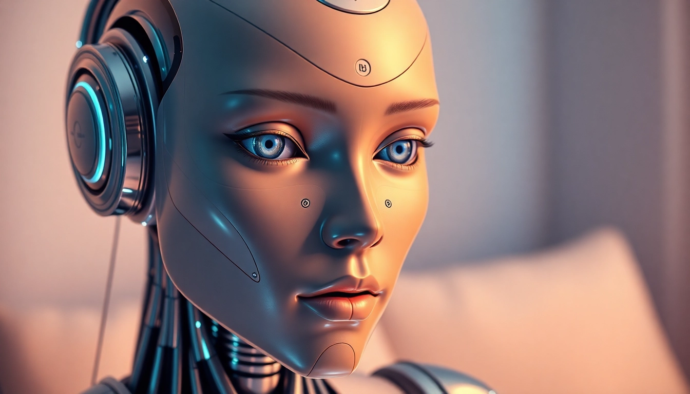 Intricate humanoid sex bot with advanced AI features, set in a warm, ambient room, showcasing modern intimacy.