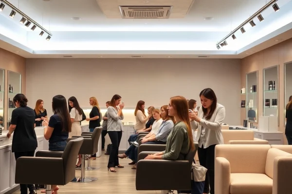 Stylish interior of addendum salon with a client getting a haircut and highlights.