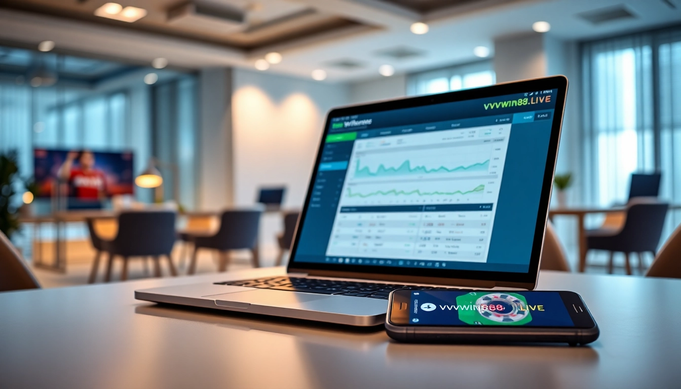 Interactive betting interface and vvvwin88.live app in a modern office setting.