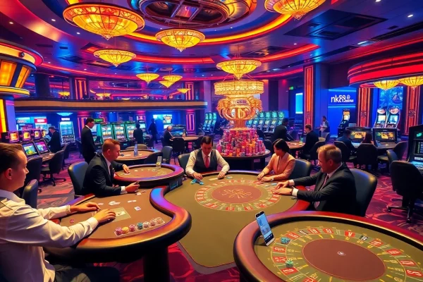 Engaged players at nk88 casino experiencing thrilling poker game action with vibrant atmosphere.