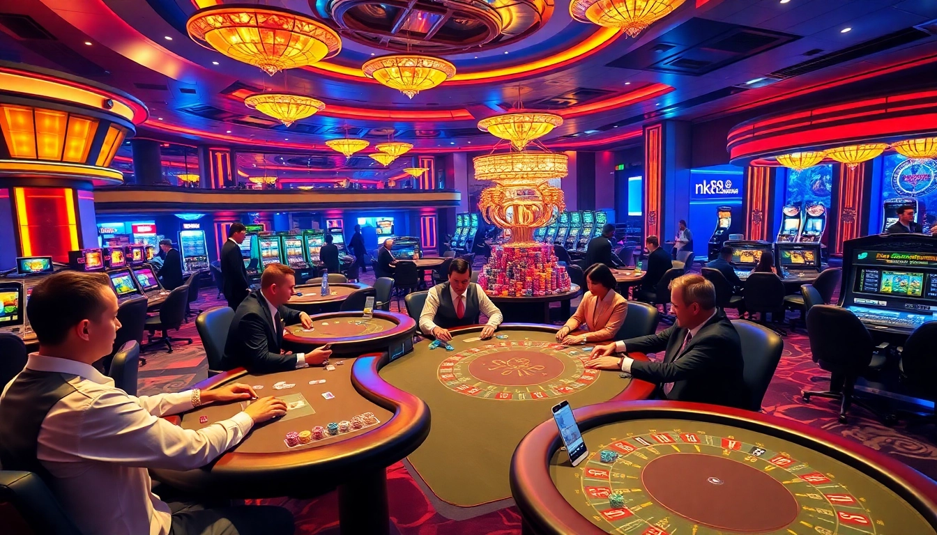 Engaged players at nk88 casino experiencing thrilling poker game action with vibrant atmosphere.