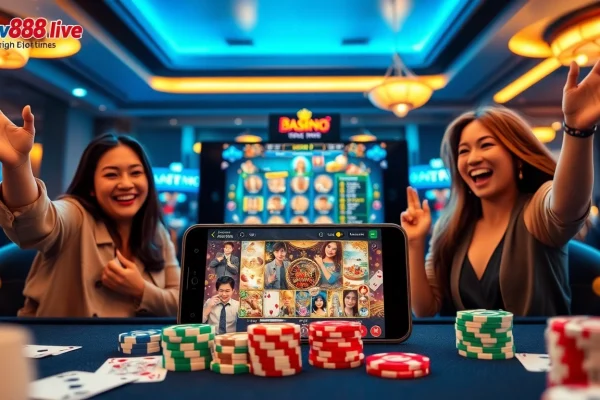 Experience gaming thrills at winvn88.live with a vibrant casino scene showcasing happy players and dynamic interactions.