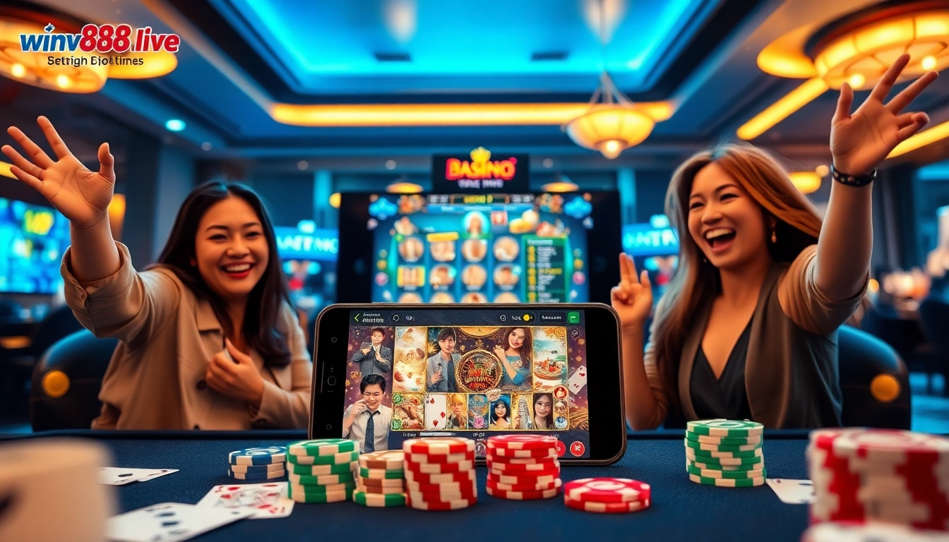 Experience gaming thrills at winvn88.live with a vibrant casino scene showcasing happy players and dynamic interactions.