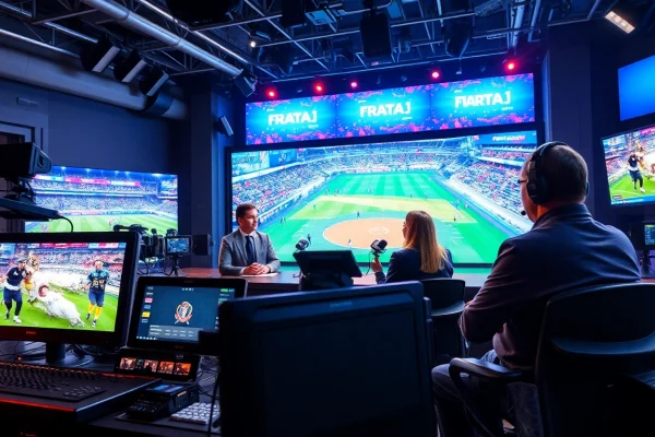 Sports Broadcasting studio with hosts engaging over sports events in a vibrant setting.