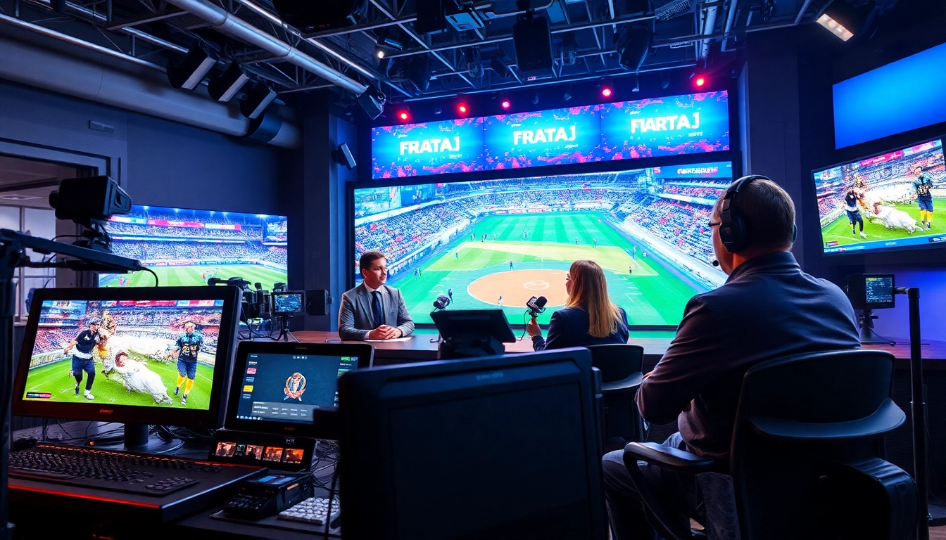 Sports Broadcasting studio with hosts engaging over sports events in a vibrant setting.