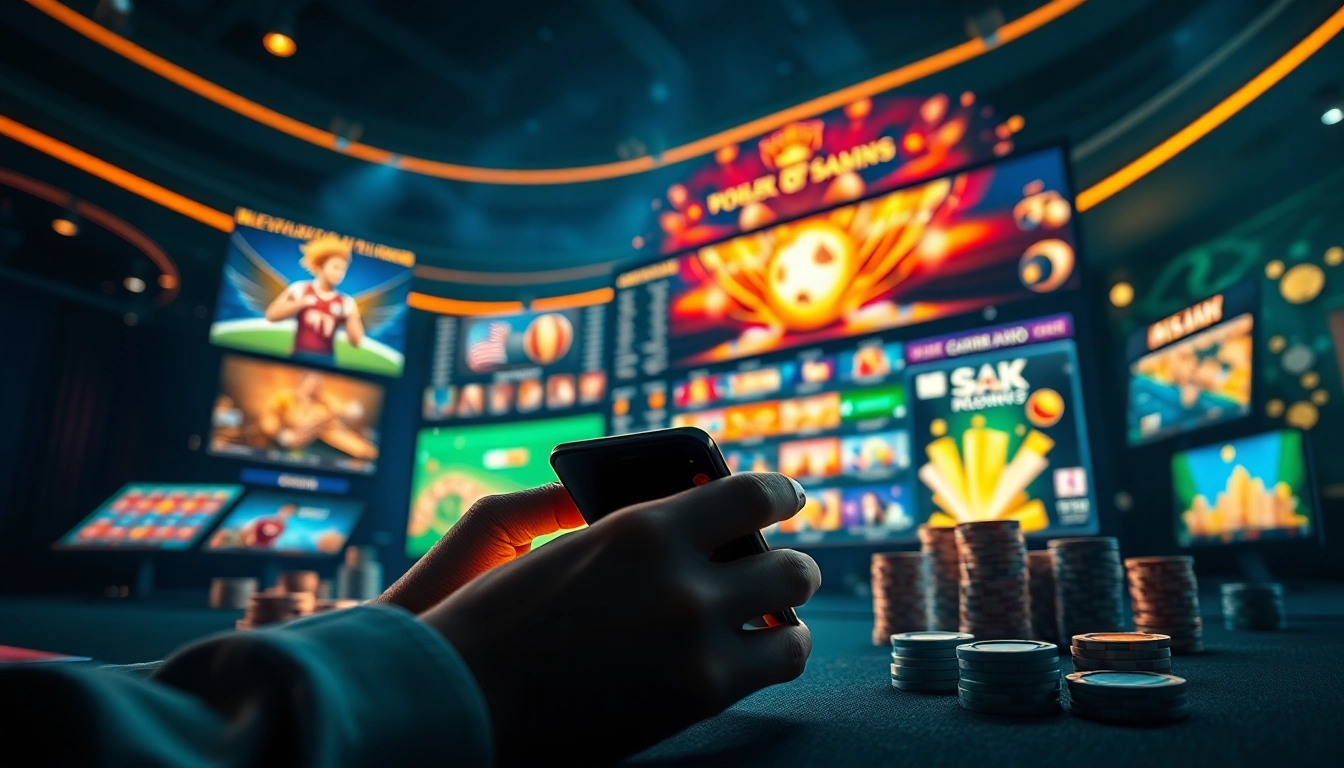 Engaging scene of a user interacting with the sbobet.dance online gambling platform, showcasing dynamic sports betting and casino games.